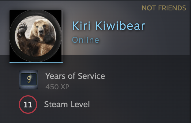 Steam mini-profile image. Unfortunately they had a missed opportunity by not allowing you to embed them on other sites as an animated image with a link through so I'm doing it manually.